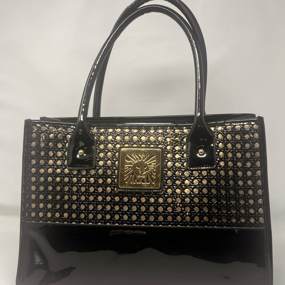 anne klein black and gold patent leather Satchel